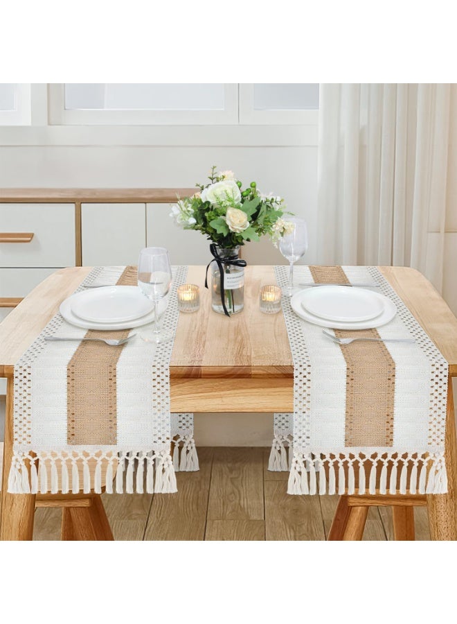 TRASSLE Bohemian Crochet Polyester Table Runner, with Tassel, Farmhouse Country Coffee Table Table Runner, Creamy and Brown Tablecloth, Suitable for Dining & Bedroom and Home Decoration - Image 4