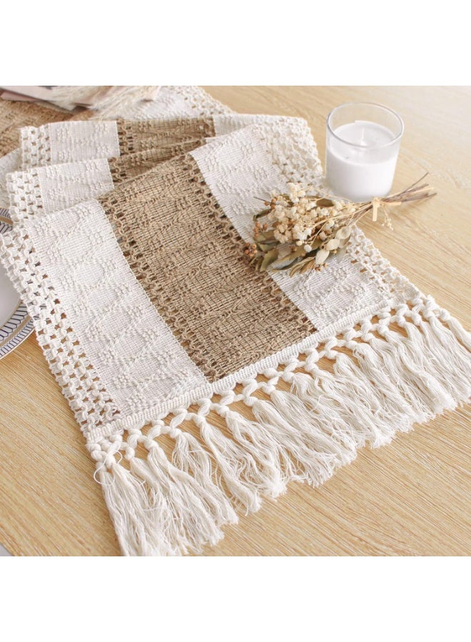 TRASSLE Bohemian Crochet Polyester Table Runner, with Tassel, Farmhouse Country Coffee Table Table Runner, Creamy and Brown Tablecloth, Suitable for Dining & Bedroom and Home Decoration - Image 1