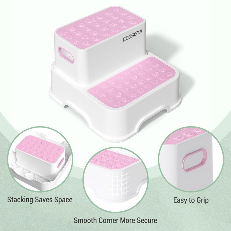 COOSEYA 2 Step Stools for Kids,Toddler Step Stool for Bathroom Sink,No-Slip Double up Stepping for Toddlers Bathroom, Multifunctional Toilet Potty Stool for Kids,Toilet Potty Training(2 Packs)ï¼ˆPinkï¼‰ - Image 2