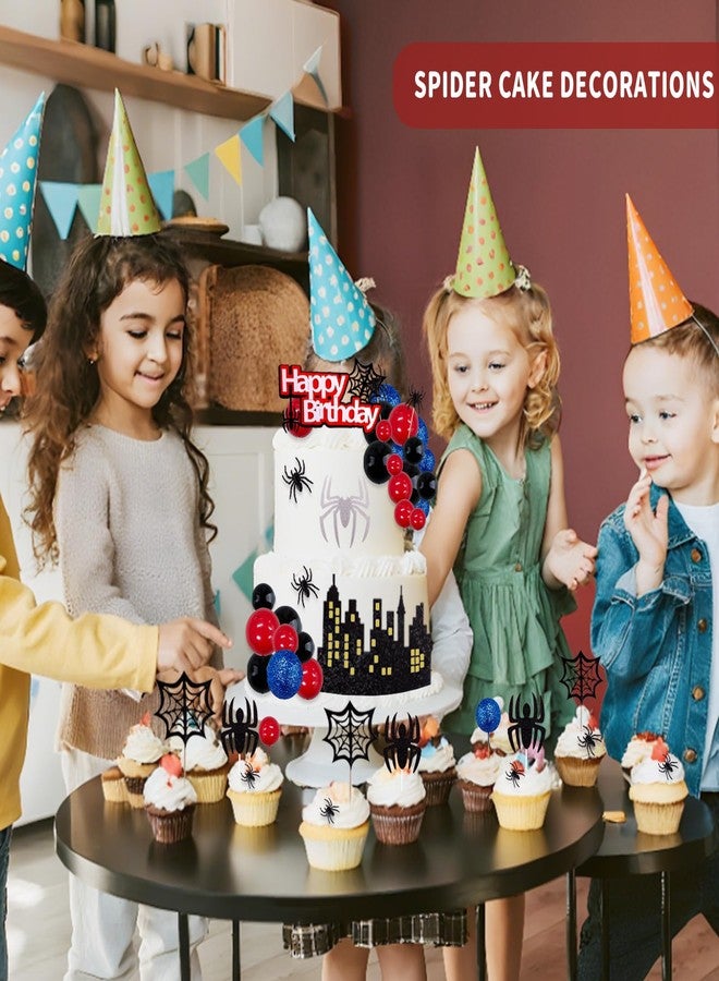 Morofme 48pcs Spider Cake Decorations Spiders Theme Cake Topper Spider Web Cupcake Decor Spiders Building Toothpick Red Black Blue Balls Cupcake Decoration for Boys Men Birthday Party Supplies - Image 3