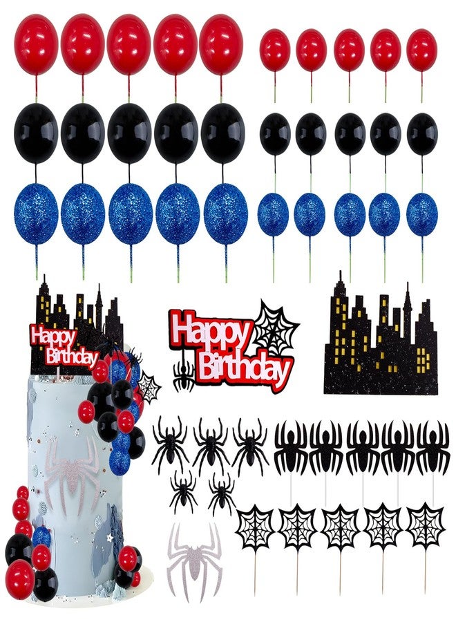 Morofme 48pcs Spider Cake Decorations Spiders Theme Cake Topper Spider Web Cupcake Decor Spiders Building Toothpick Red Black Blue Balls Cupcake Decoration for Boys Men Birthday Party Supplies - Image 1