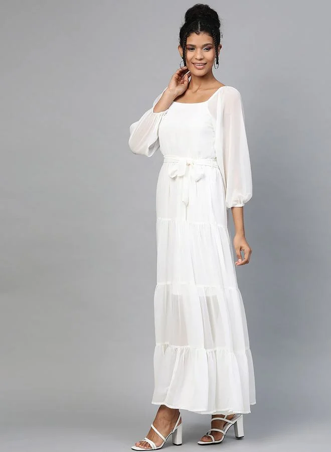 SASSAFRAS Solid Tiered Square Neck Maxi Dress by Styli