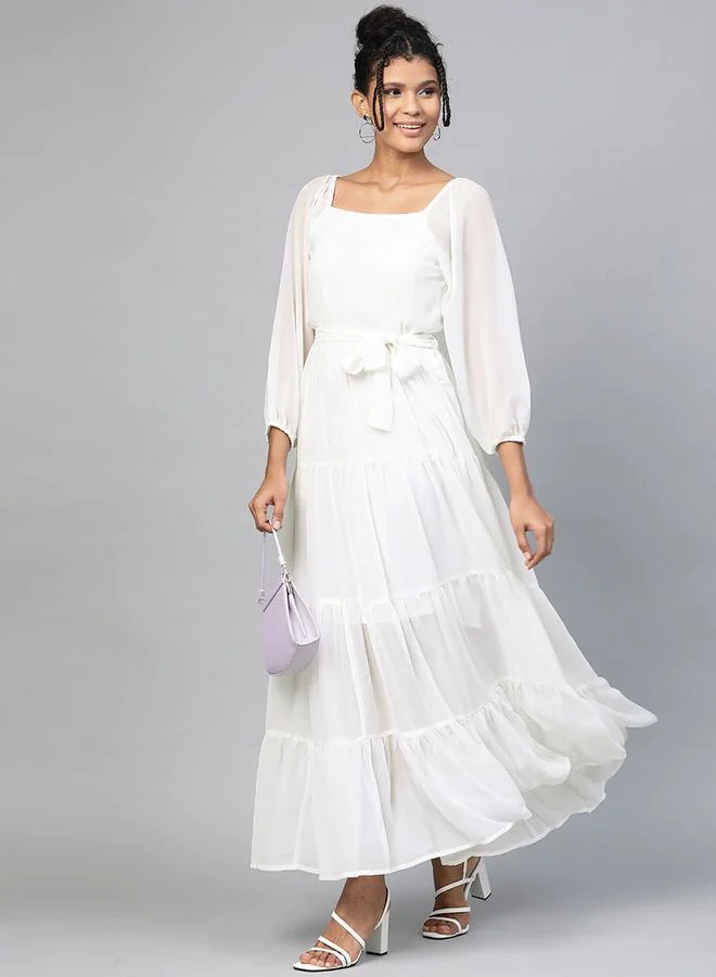 SASSAFRAS Solid Tiered Square Neck Maxi Dress by Styli
