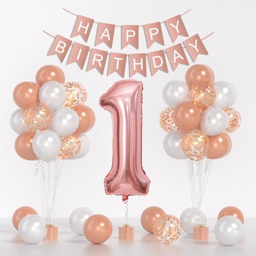 Yumiche Rose Gold 40inch Number 1 Balloon First Birthday Decorations For Girl With Rose Gold White Confetti Balloons Happy Birthday Banner Large 1 Balloon For Baby Girl Princess Birthday Party Decor - Image 1