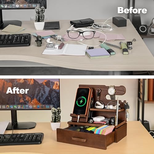 TESLYAR Wood Phone Docking Station with Drawer - Nightstand Organizer - Desk Organizer for Husband - Birthday Gifts for Men, Dad, Anniversary Idea, Key Holder Stand Watch & Accessories (Antique Brown) - Image 3