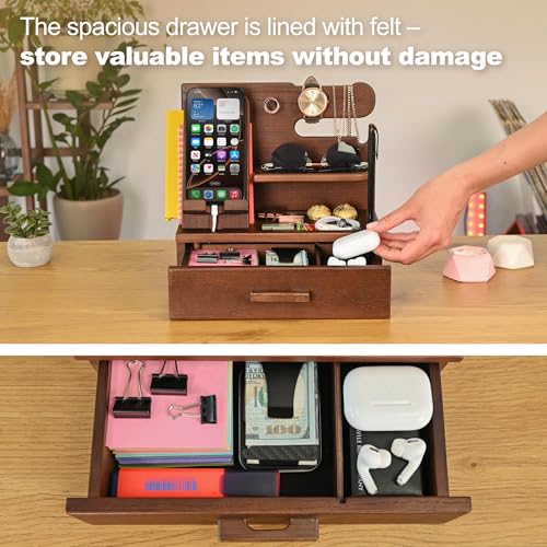 TESLYAR Wood Phone Docking Station with Drawer - Nightstand Organizer - Desk Organizer for Husband - Birthday Gifts for Men, Dad, Anniversary Idea, Key Holder Stand Watch & Accessories (Antique Brown) - Image 2