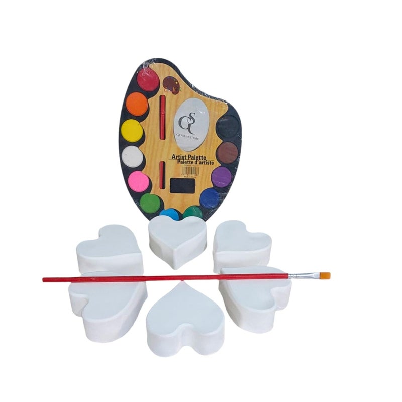 Gypsum Shapes for Coloring -12-Color Watercolor Palette + Bonus Brush, A Complete Art Set Alternative to Screens Develop Children's Skills Through Joyful Activity. (6-Hearts Models)