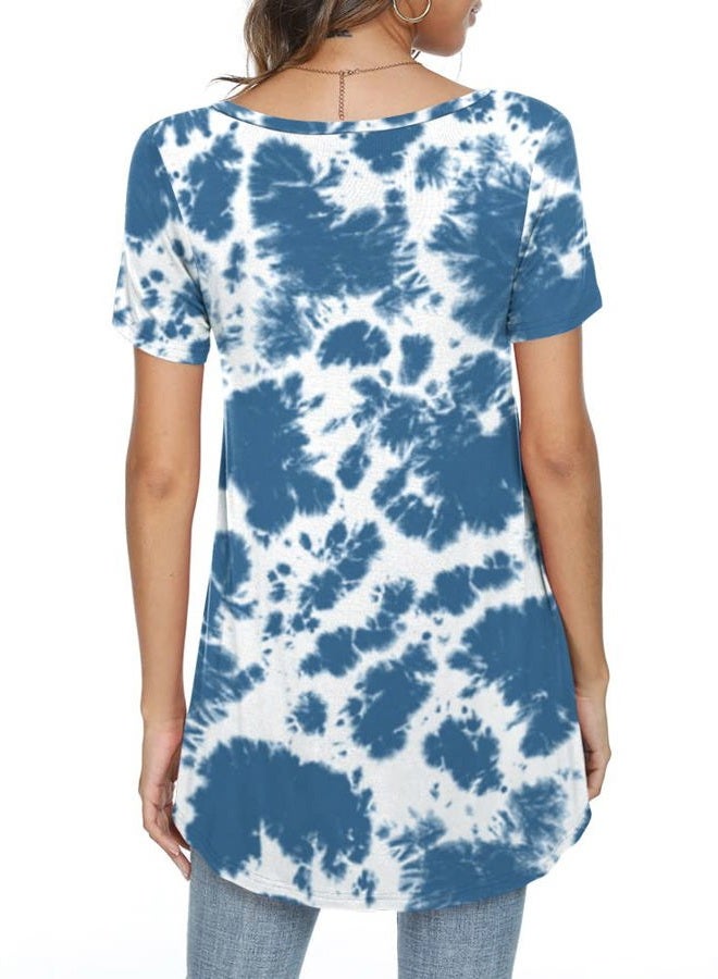 POPYOUNG Women's long Tunic Tops to Wear with Leggings Summer Short Sleeve Loose Fit Dressy Shirts M-5XL, V-short Sleeve-blue Tie Dye, XXL - Image 4