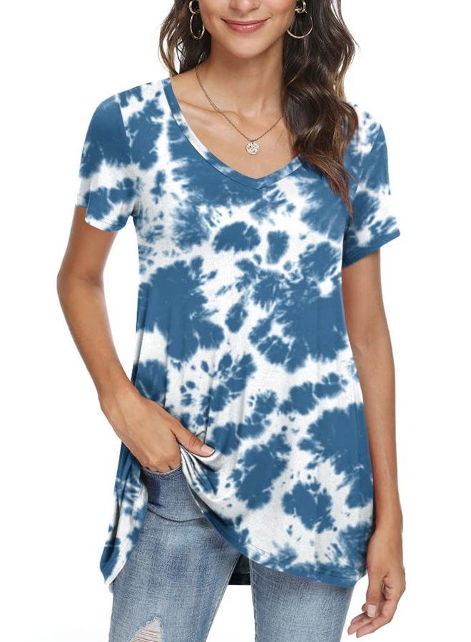 POPYOUNG Women's long Tunic Tops to Wear with Leggings Summer Short Sleeve Loose Fit Dressy Shirts M-5XL, V-short Sleeve-blue Tie Dye, XXL - Image 3