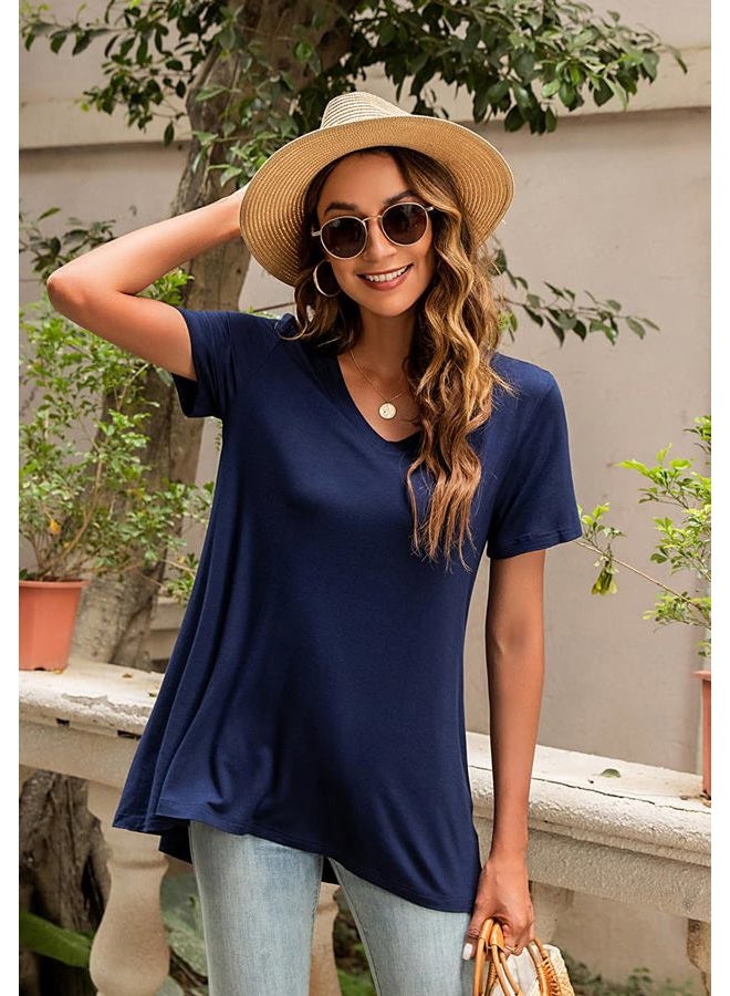 POPYOUNG Women's long Tunic Tops to Wear with Leggings Summer Short Sleeve Loose Fit Dressy Shirts M-5XL, V-short Sleeve-blue Tie Dye, XXL - Image 2