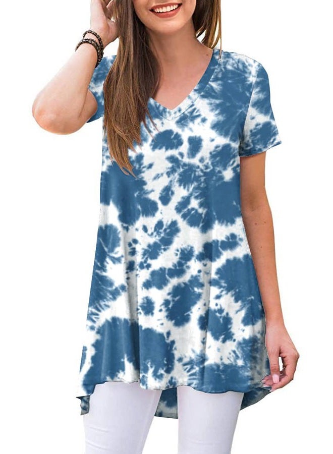 POPYOUNG Women's long Tunic Tops to Wear with Leggings Summer Short Sleeve Loose Fit Dressy Shirts M-5XL, V-short Sleeve-blue Tie Dye, XXL - Image 1