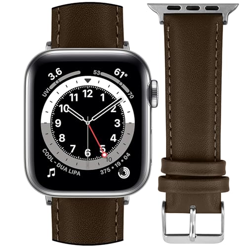 DBLACK ‘’NAGATA2’’ Compatible with Apple Watch Strap 42mm 44mm 45mm 46mm 49mm, Leather Watch Strap, Full Padded with Strong stitching, Matte Finish Watch Belt for iWatch Series 10 9 8 7 6 5 4 3 2 1 SE/SE2 and Ultra 2/Ultra (Watch is Not Included) (Brown, 42mm 44mm 45mm 49mm / Silver) - Image 1