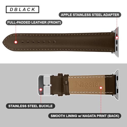 DBLACK ‘’NAGATA2’’ Compatible with Apple Watch Strap 42mm 44mm 45mm 46mm 49mm, Leather Watch Strap, Full Padded with Strong stitching, Matte Finish Watch Belt for iWatch Series 10 9 8 7 6 5 4 3 2 1 SE/SE2 and Ultra 2/Ultra (Watch is Not Included) (Brown, 42mm 44mm 45mm 49mm / Silver) - Image 4