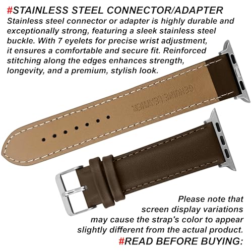 DBLACK ‘’NAGATA2’’ Compatible with Apple Watch Strap 42mm 44mm 45mm 46mm 49mm, Leather Watch Strap, Full Padded with Strong stitching, Matte Finish Watch Belt for iWatch Series 10 9 8 7 6 5 4 3 2 1 SE/SE2 and Ultra 2/Ultra (Watch is Not Included) (Brown, 42mm 44mm 45mm 49mm / Silver) - Image 5
