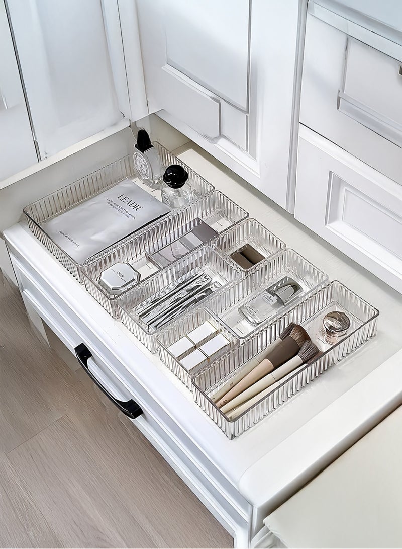 XiuWoo 7 Pcs Thick Anti-Slip Clear Durable Plastic Desk Drawer Organizer, Divider Vanity Tray Bin Organizer, Storage Bins, Bathroom Drawer Tray, Set for Bedroom Dresser Makeup Kitchen Utensil Office - Image 1