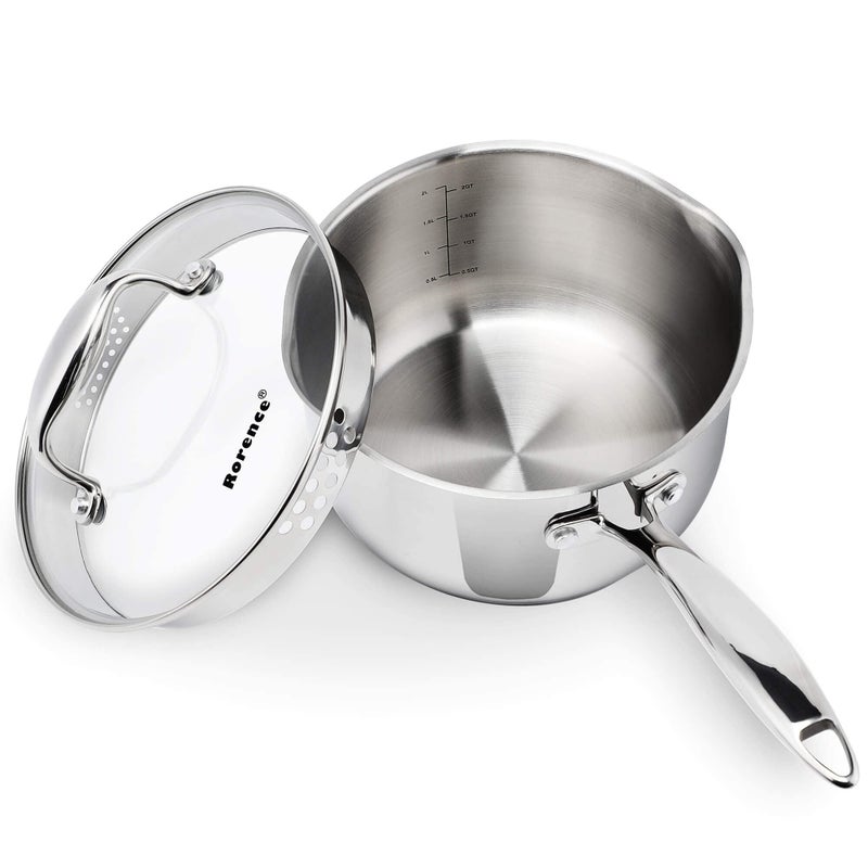 Rorence Stainless Steel Sauce pan Saucepan with Pour Spouts Capsule Bottom  Tempered Glass Lid  25 Quart