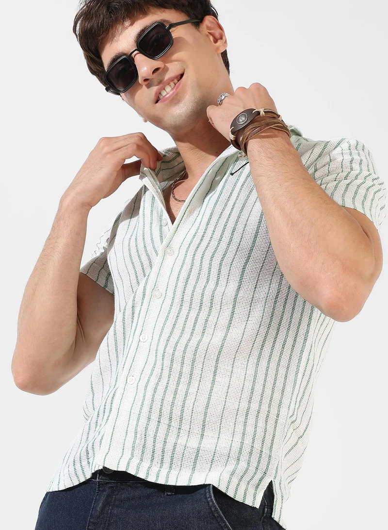 Campus Sutra Men's White & Green Striped Regular Fit Casual Shirt