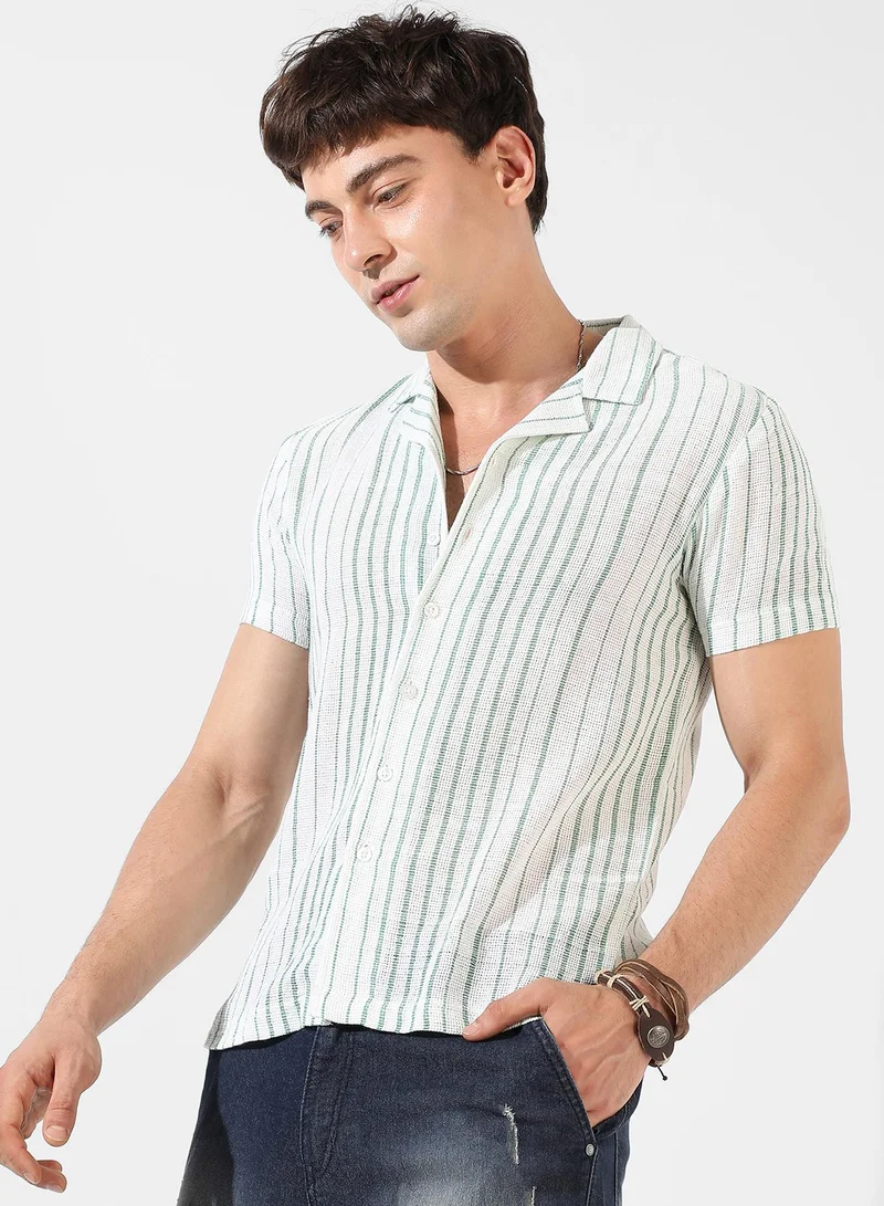 Campus Sutra Men's White & Green Striped Regular Fit Casual Shirt