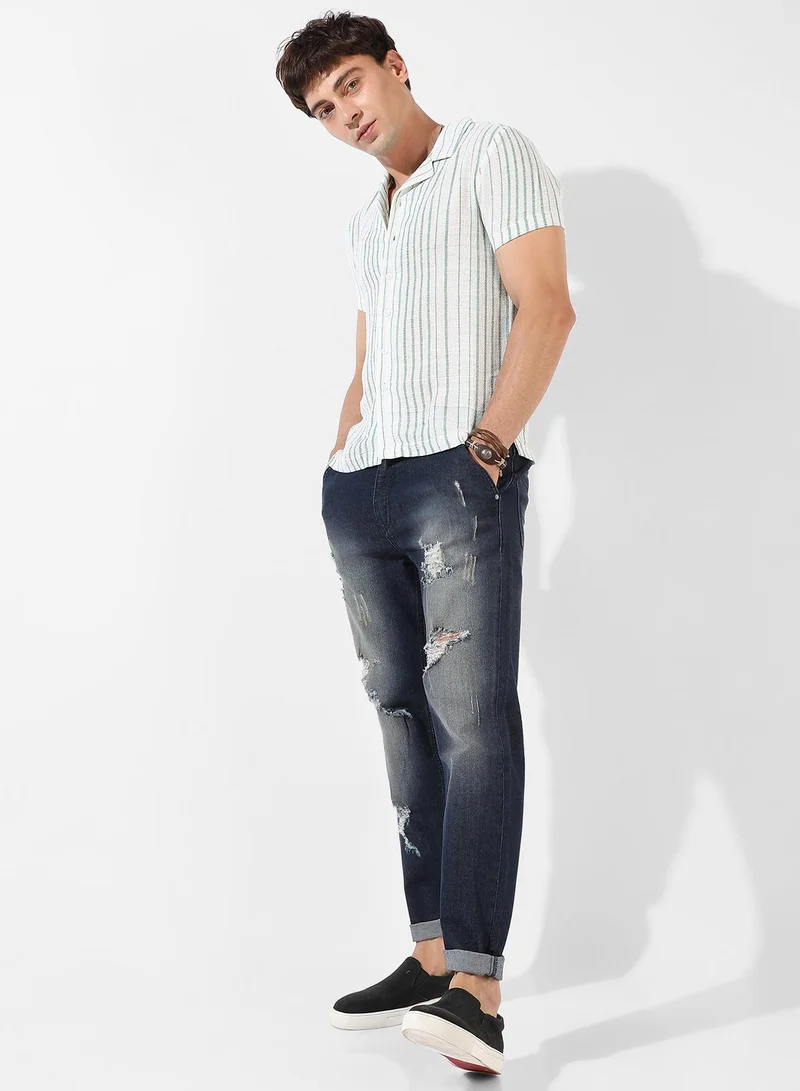 Campus Sutra Men's White & Green Striped Regular Fit Casual Shirt