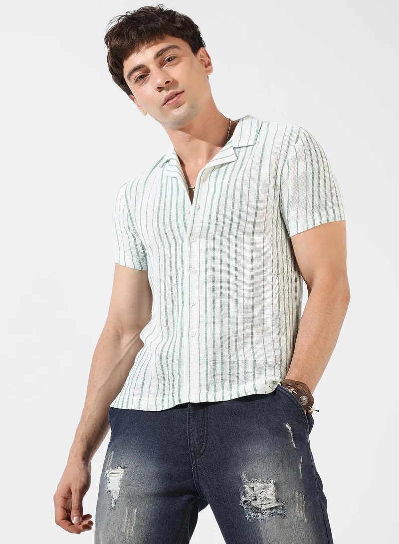 Campus Sutra Men's White & Green Striped Regular Fit Casual Shirt