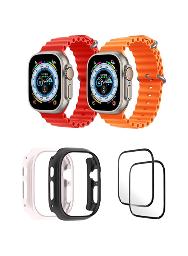 vesus Silicone Ocean Band Strap for Apple Watch Ultra 8 49mm Red/Orange , Case Compatible with Apple Watch Ultra 49mm Pink/Black , 2* pcs Watch glass Set of 6