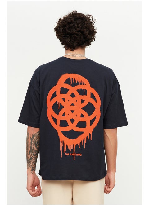 Navy Blue Oversize/Wide-Fit Geometric Print 100% Cotton T-Shirt TMNSS21TS1062