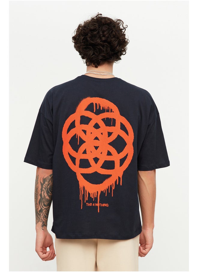 Navy Blue Oversize/Wide-Fit Geometric Print 100% Cotton T-Shirt TMNSS21TS1062