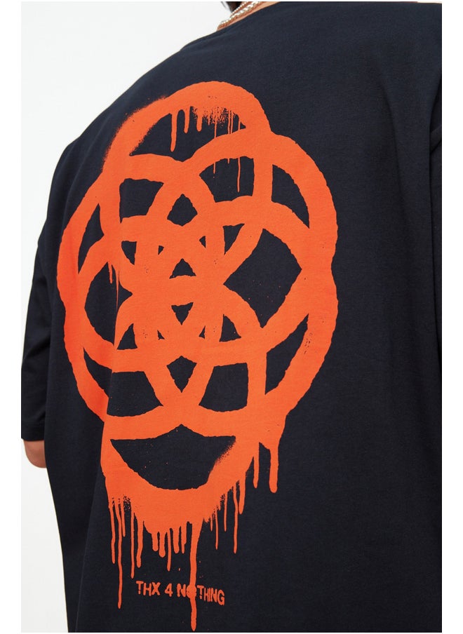 Navy Blue Oversize/Wide-Fit Geometric Print 100% Cotton T-Shirt TMNSS21TS1062