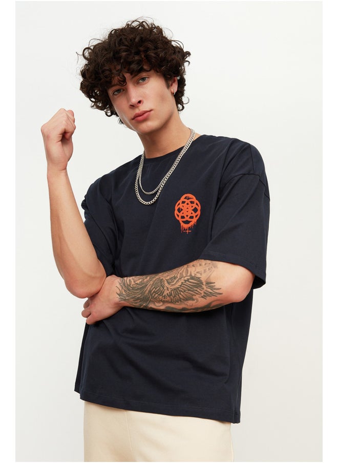 Navy Blue Oversize/Wide-Fit Geometric Print 100% Cotton T-Shirt TMNSS21TS1062