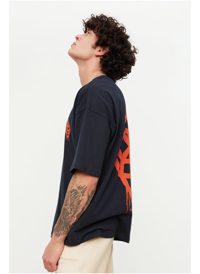 Navy Blue Oversize/Wide-Fit Geometric Print 100% Cotton T-Shirt TMNSS21TS1062