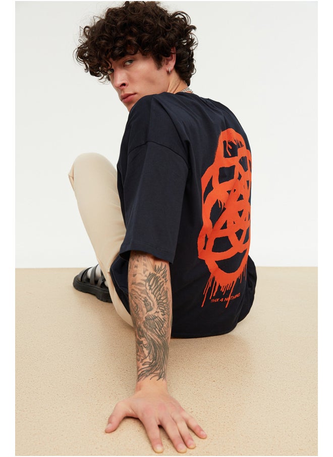 Navy Blue Oversize/Wide-Fit Geometric Print 100% Cotton T-Shirt TMNSS21TS1062