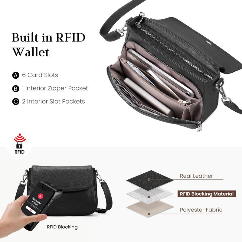 befen Black Genuine Leather Crossbody Bags for Women Medium Womens Saddle Bag Cross Body Purse with Built in RFID Blocking Wallet - Image 3
