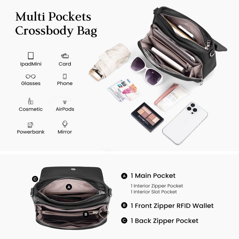 befen Black Genuine Leather Crossbody Bags for Women Medium Womens Saddle Bag Cross Body Purse with Built in RFID Blocking Wallet - Image 4