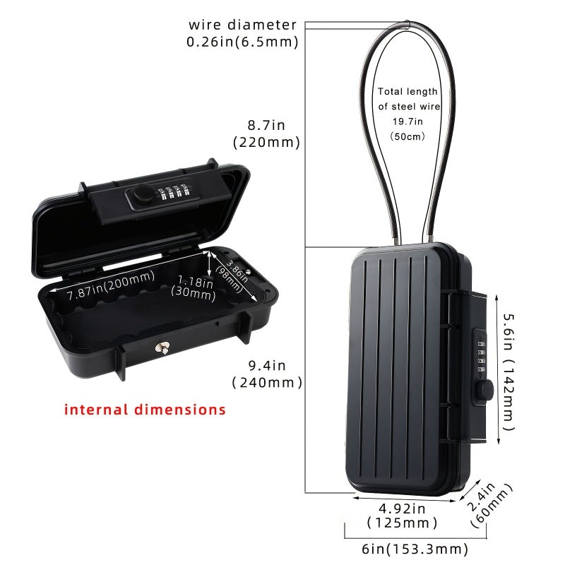 Outdoor Beach Portable Safe Box With Lock Travel Key Watch Mobile Phone Storage Case Large Capacity Detachable Steel Wire Rope Black - Image 2