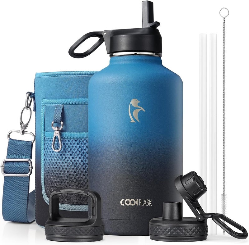 Coolflask Water Bottle Insulated with Straw & 3 Lids, Large Metal Stainless Steel Wide Mouth Water Jug, BPA-Free Keep Cold 48H Hot 24H, 1.9 Liters, Samurai Cyan - Image 1