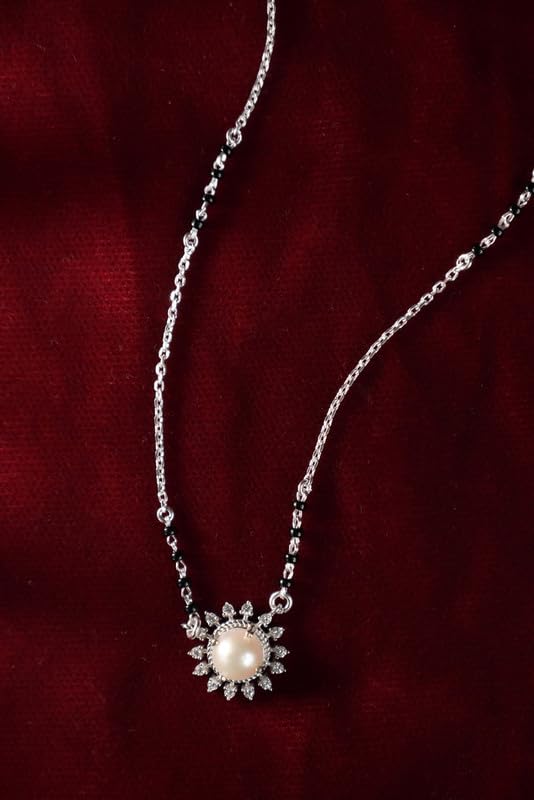 Clara 925 Sterling Silver Naisha Pearl Mangalsutra Tanmaniya Pendant With Black Beads Chain | Platinum Plated, Swiss Zirconia |Gift for Women - Image 2