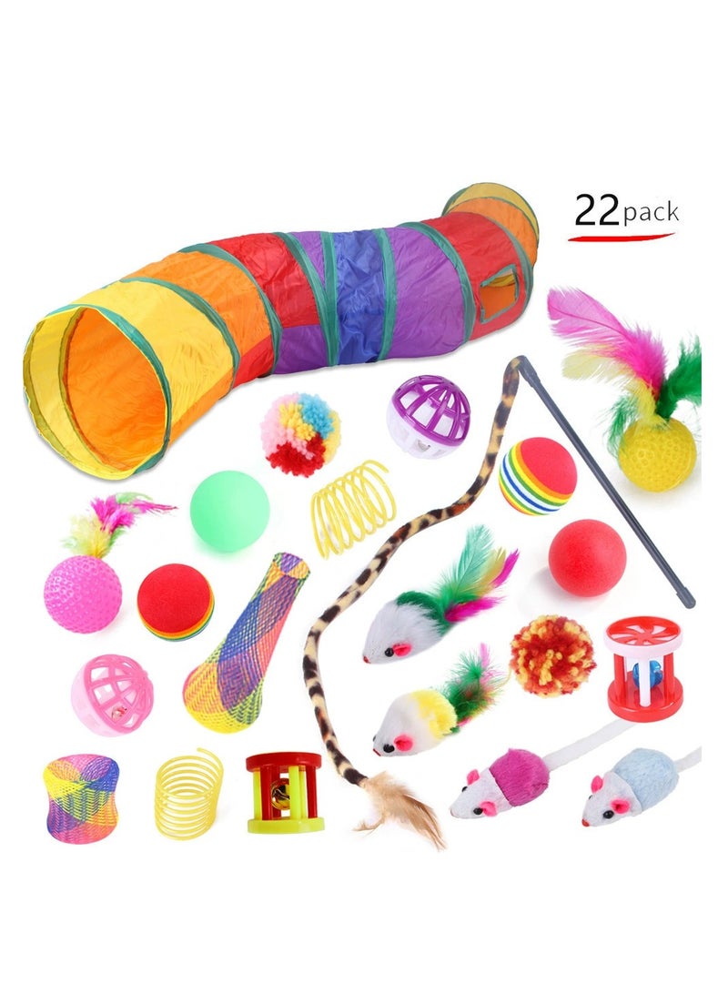 Generic 22/26/30 PCS Cat Toys Kitten Toys, Variety Catnip Toys with Tunnel Interactive Cat Tunnel Toys Set With Feather Toy Feather Teaser Fluffy Mouse Crinkle Balls Spring Toy Set for Cat, Kitty,Pet Cat Tunnel Tube Toys, Tunnels for Indoor Cats，Kitty Bored Peek Hole Toy Ball Cat, Puppy, Kitty, Kitten, Rabbit  - Image 1