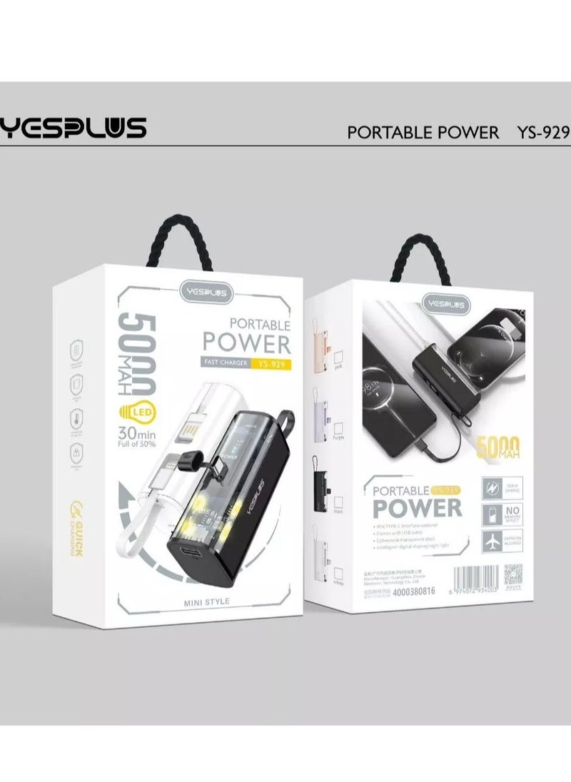 YESPLUS - Universal Compact Power Bank 5000mAh, Small shape, lightweight, convenient and easy to carry, with portable charger, built-in Lightning cable, foldable USB-C connector, white LED display - Image 1