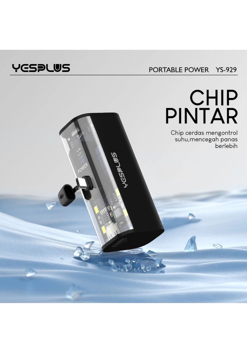 YESPLUS - Universal Compact Power Bank 5000mAh, Small shape, lightweight, convenient and easy to carry, with portable charger, built-in Lightning cable, foldable USB-C connector, white LED display - Image 1