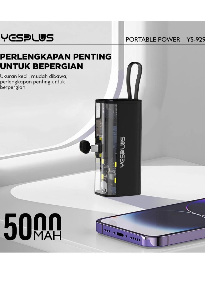YESPLUS - Universal Compact Power Bank 5000mAh, Small shape, lightweight, convenient and easy to carry, with portable charger, built-in Lightning cable, foldable USB-C connector, white LED display - Image 1