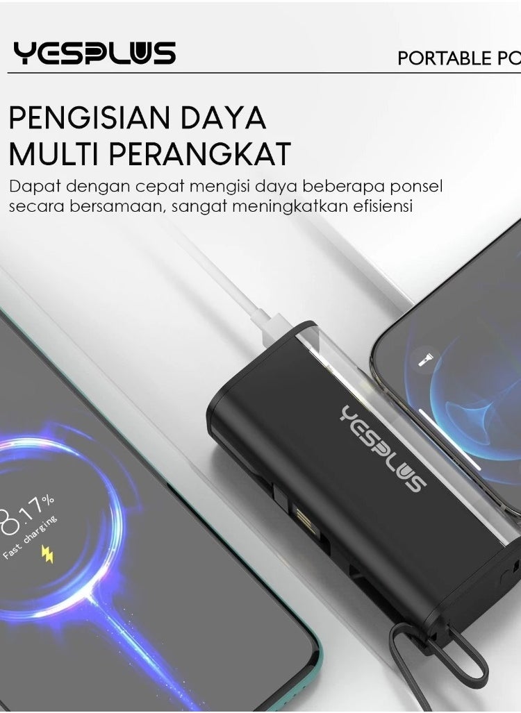 YESPLUS - Universal Compact Power Bank 5000mAh, Small shape, lightweight, convenient and easy to carry, with portable charger, built-in Lightning cable, foldable USB-C connector, white LED display - Image 1