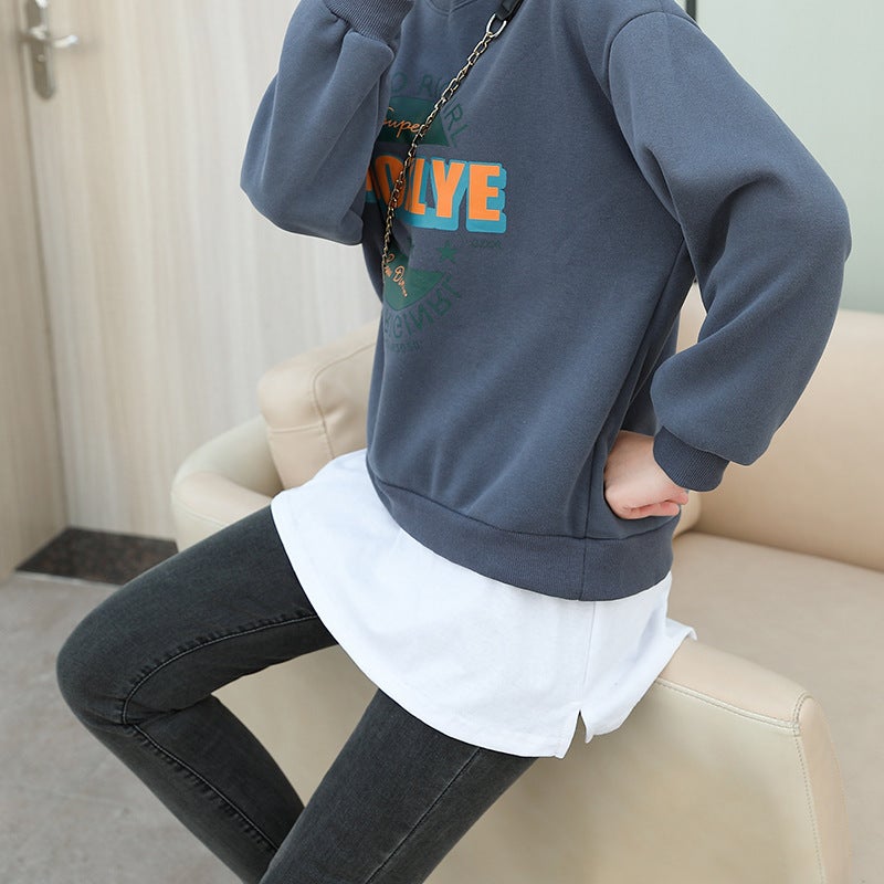 Solid Color All-match Fart Curtain Fake Hem Shirt Stacked with Inner Base Half Skirt Denim A- line Skirt T-shirt (white) - Image 1