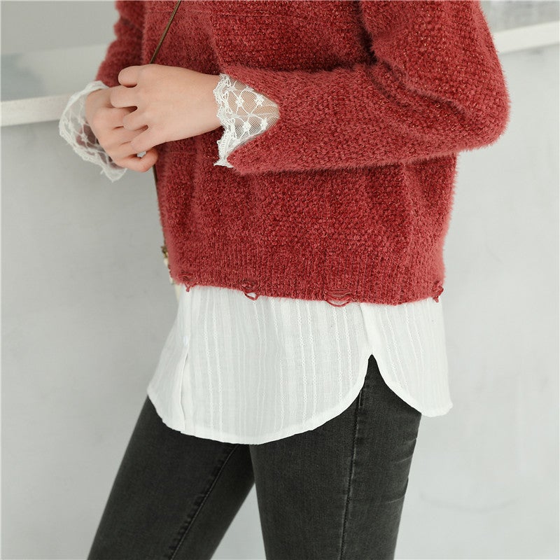 Solid Color All-match Fart Curtain Fake Hem Shirt Stacked with Inner Base Half Skirt Denim A- line Skirt T-shirt (white) - Image 3