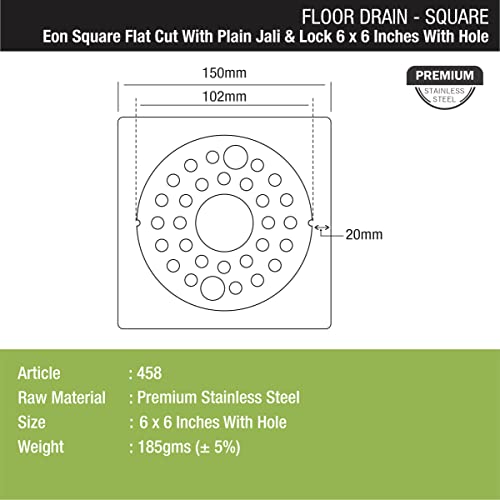 LIPKA Eon Square Flat Cut with Plain Jali Floor Drain |Premium Stainless Steel |6 x 6 Inches| with Lock & Hole| - Image 2