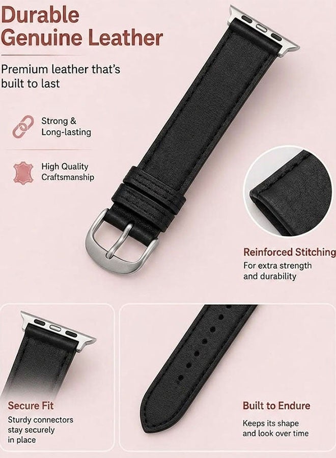 CATANES Leather Watch Band Compatible with iWatch 42mm(Series 11-10) 41mm 40mm 38mm Replacement Strap with Classic Stainless Steel Buckle for Series SE 11 10 9 8 7 6 5 4 3 2 1 - Black - Image 4