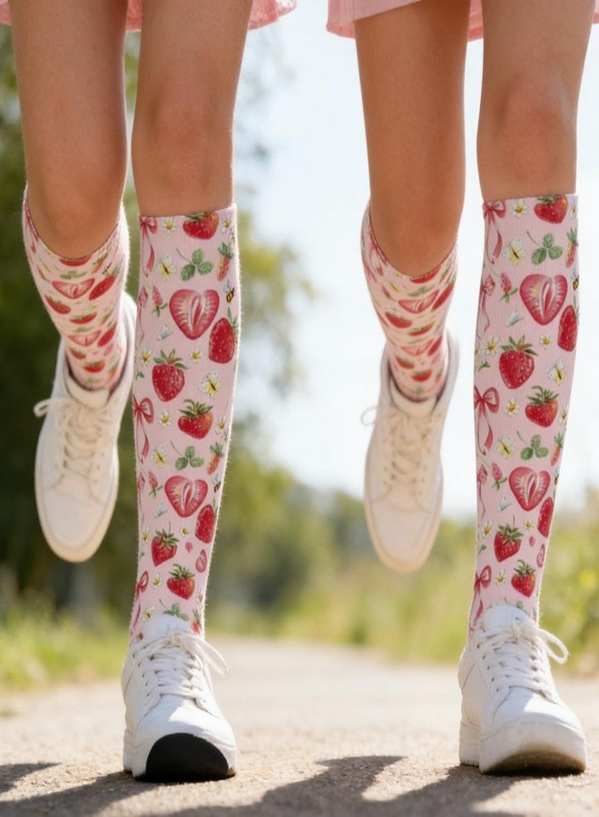 KWSAAHU Compression Socks for Women and Men 15-20 mmhg Blood Circulation Relieve Fatigue, Soft Breathable Fashion Socks, Suitable Daily Sports Running Travel for Nurse Doctor Teacher - Strawberry Bow - Image 2