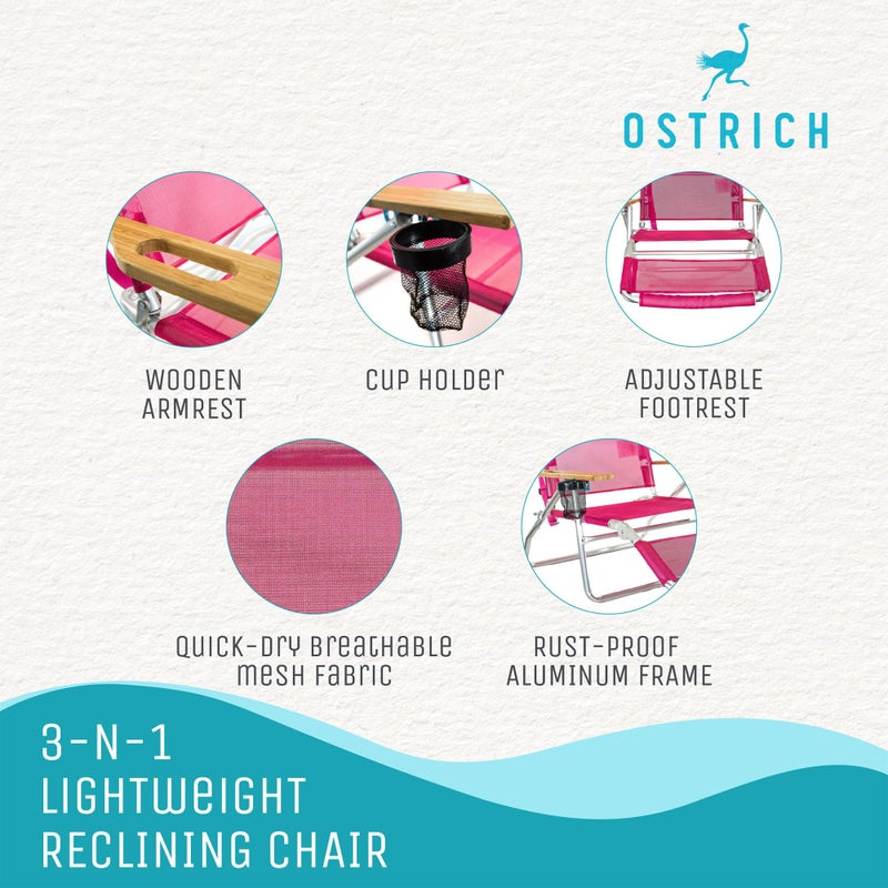 Ostrich The Original 3N1 Lightweight Beach Reclining Lounge Chair with Footrest, Outdoor Furniture for Patio, Balcony, Backyard, or Porch, Pink - Image 3