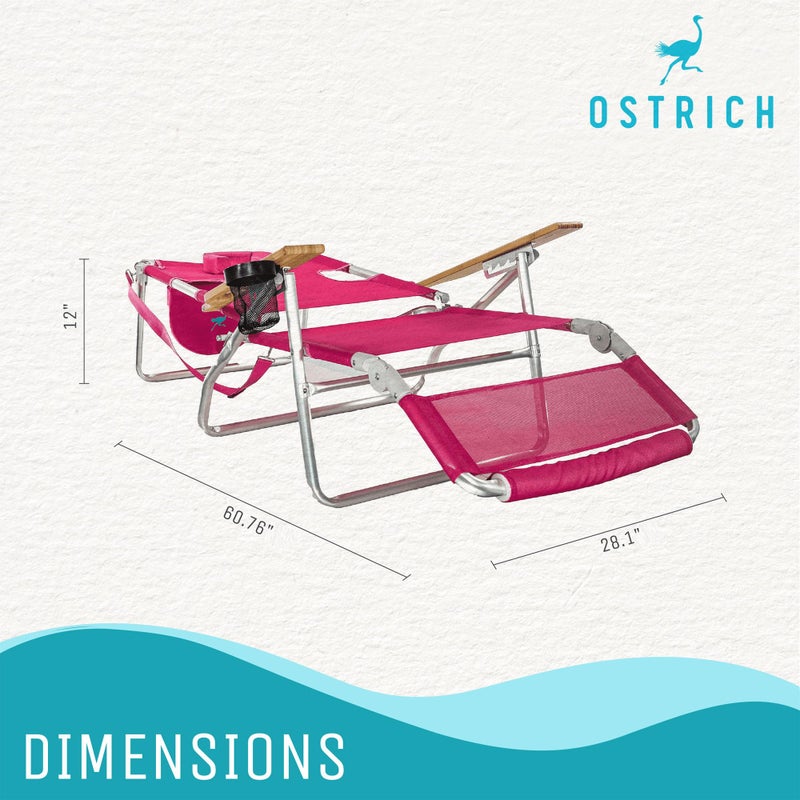 Ostrich The Original 3N1 Lightweight Beach Reclining Lounge Chair with Footrest, Outdoor Furniture for Patio, Balcony, Backyard, or Porch, Pink - Image 2