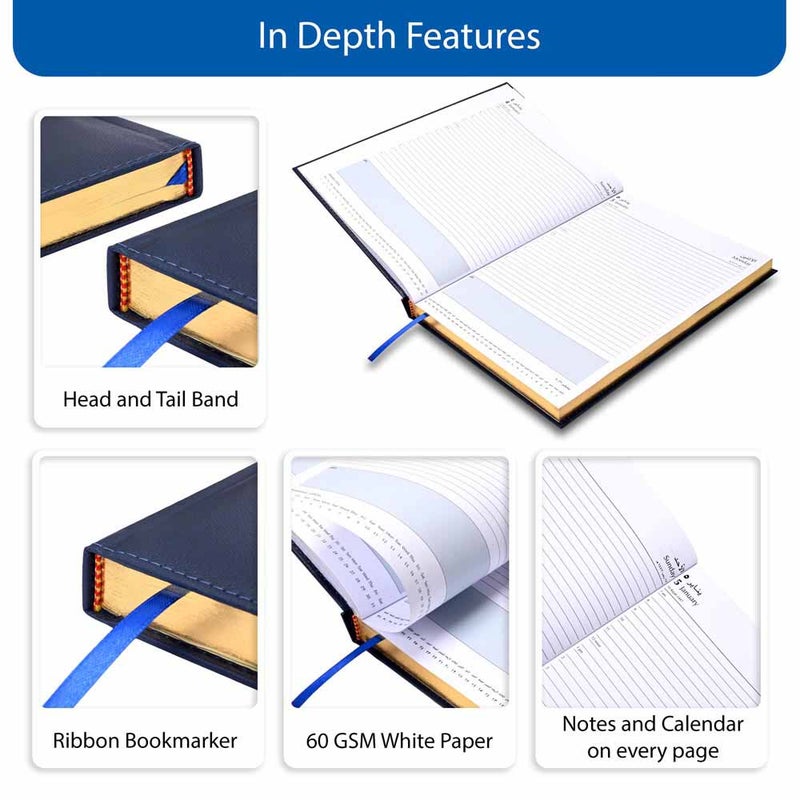 FIS 2026 Golden A4 Diary, 210x297mm, 1 Side Padded & Sewn Vinyl Cover, Gold Gilded Edges, 1 Day a Page Format, Arabic/English, 60gsm White Paper, Blue Cover - FSDI43AEG26BL - Image 5