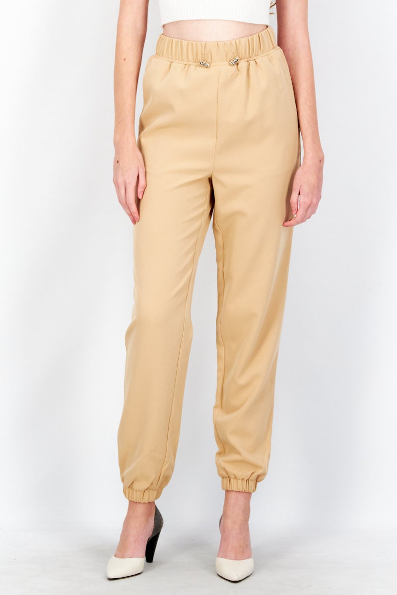 NA-KD Kim Feenstra x NA-KD Women High Rise Solid Side Pocket Drawstring Jogger Pants, Tan - Image 1
